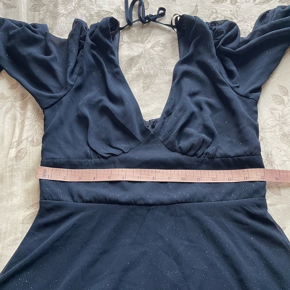 Y2K Navy Glitter Pintuck Babydoll Sheer Puff Sleeve Mini Dress 6 Hoco Prom Dance - Picture 7 of 9